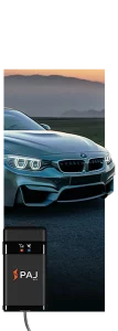 A BMW Car in the background with vehicle Finder 4G 2.0 installed in it
