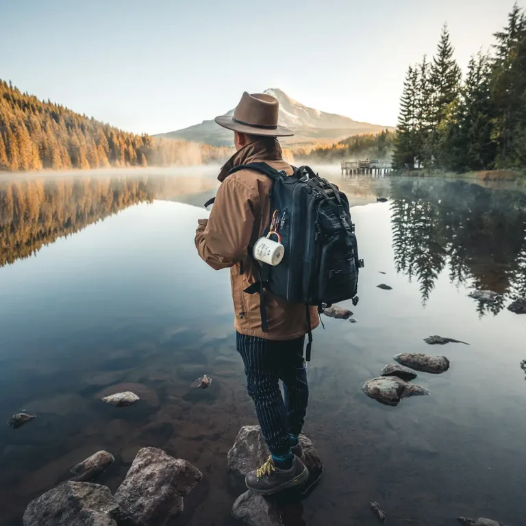 A guy standing looking at distant mountain