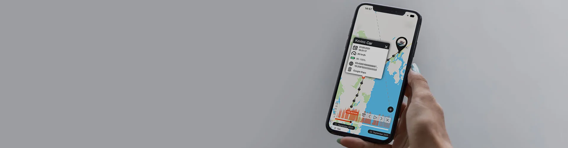 A phone in a human hand with the Finder portal application opened in it
