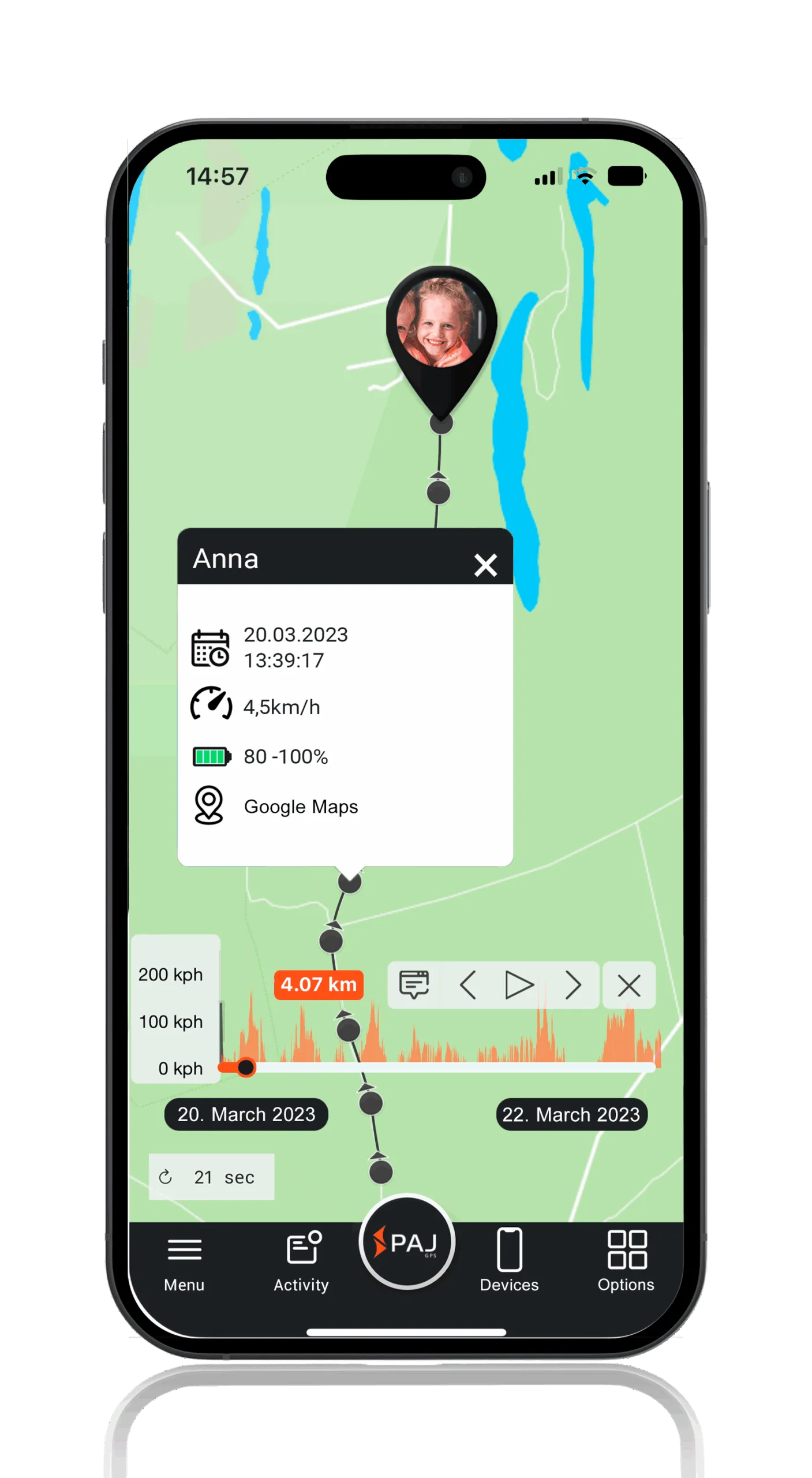 Mockup FINDER Portal PAJ GPS Tracker for kids with route history