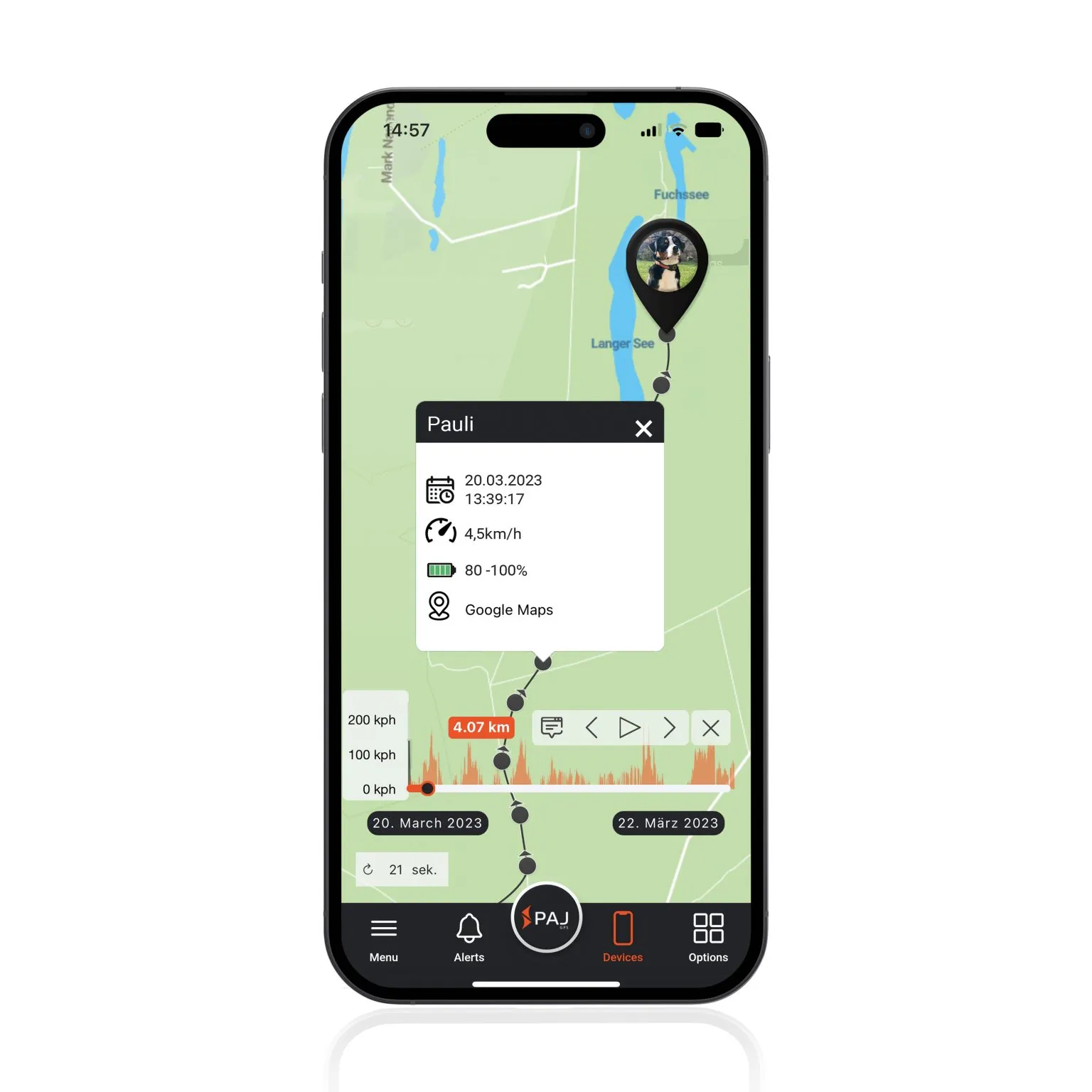 Mockup route tracking route history Pets FINDER Portal from PAJ GPS Tracker
