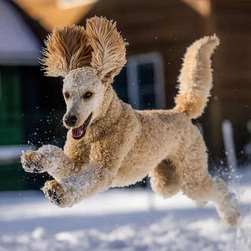 A brown poodle running because of the excitement of seeing snow is an example of dog runaway