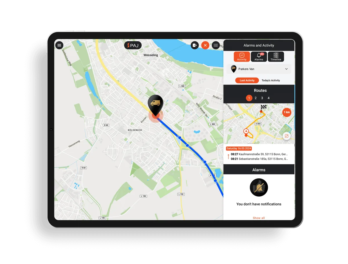 Seeting up alarm notification in PAJ GPS Finder Portal on a tablet