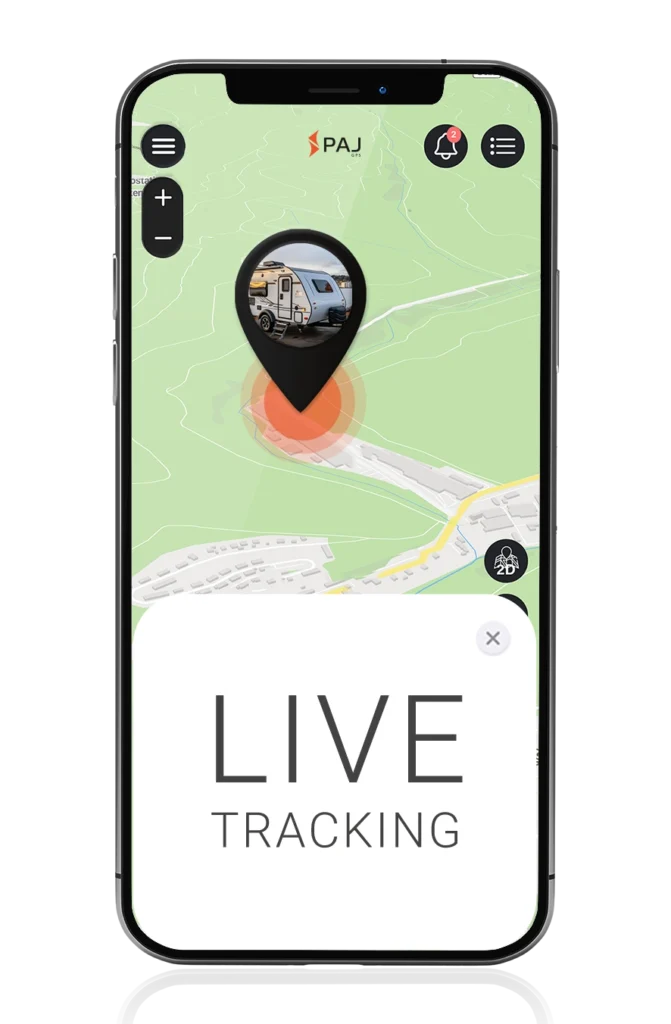 Mobile screen showing the app window where you can see the real-time live location of your caravan