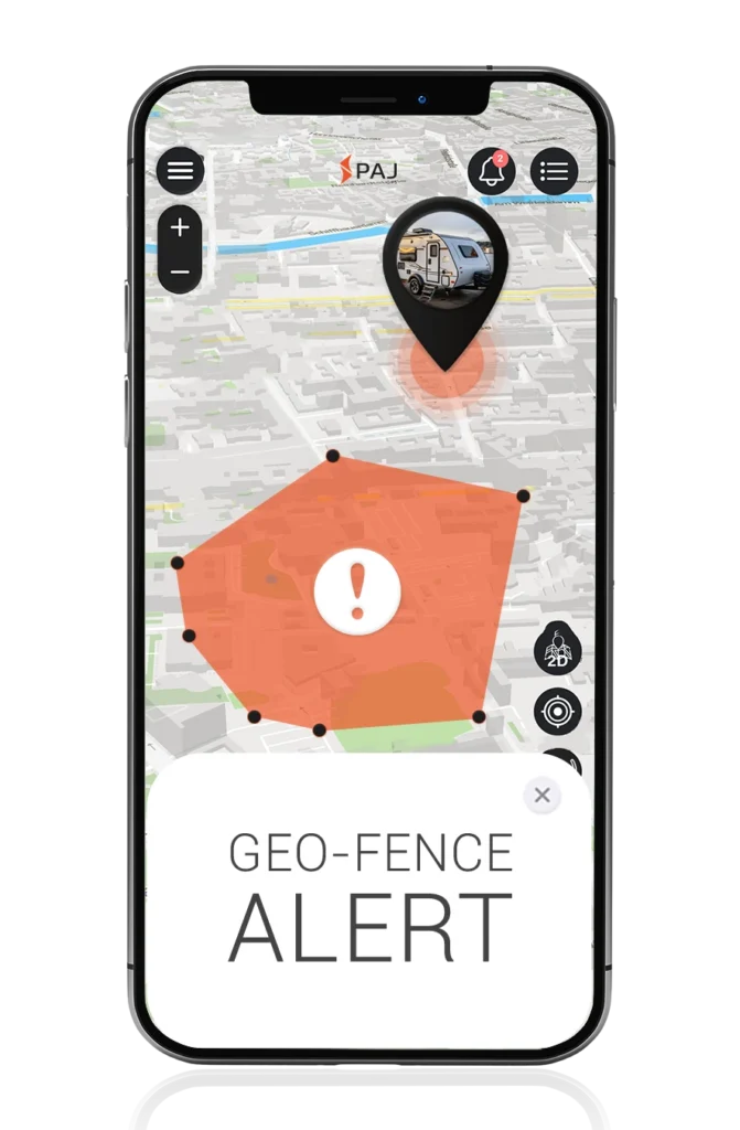 Mobile screen showing the app window where you can set a geofencing area to receive an alert if the caravan leaves that area