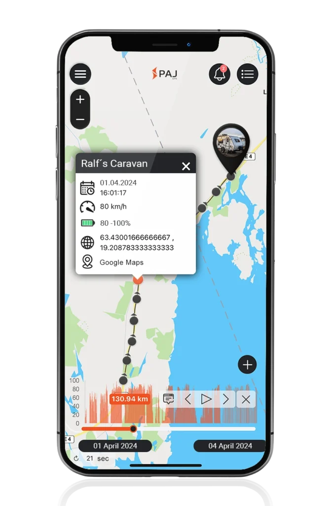Mobile screen showing the app window, which displays the routes travelled by the caravan