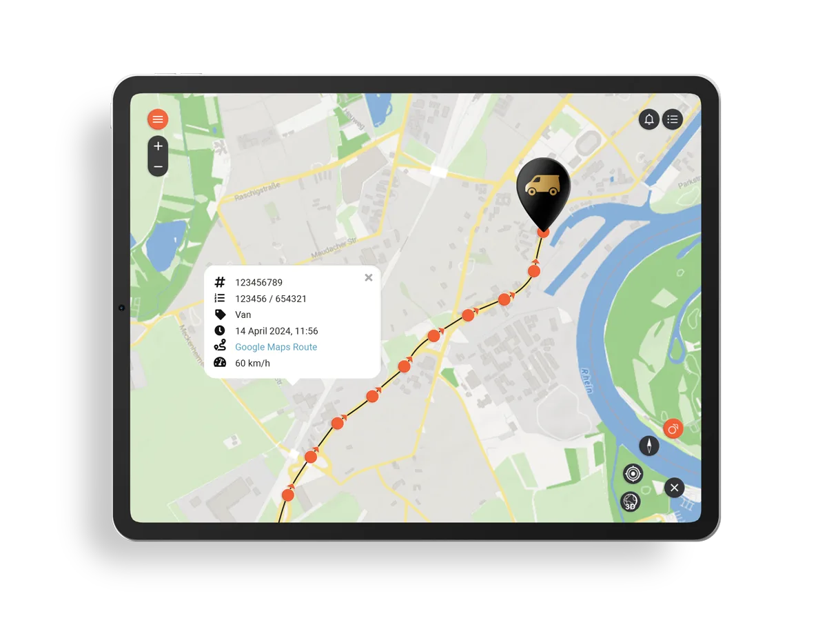 Image showing route tracking in Finder Portal application opened in a tablet device