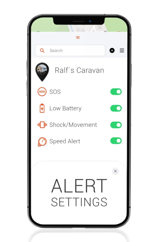 mobile screen showing the app window where all the alerts are available for customization in caravan tracking device