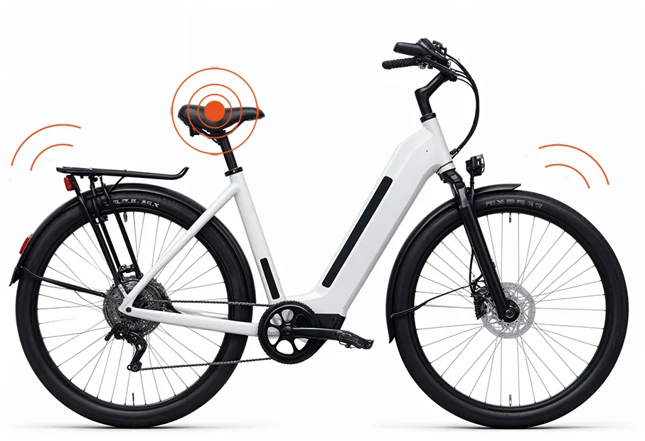 A white bike with indication on the seat for placing GPS tracker