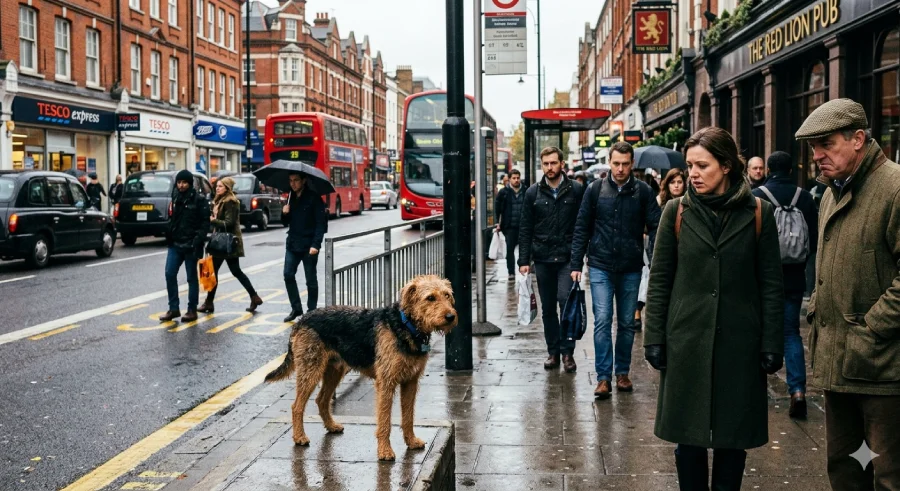 image of a dog lost in the streets of UK and having a confused look on his face