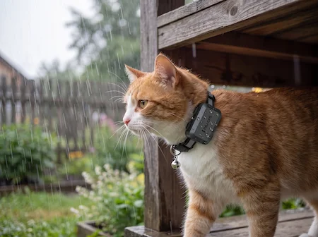 Ginger cat wearing a waterproof PAJ GPS tracker on its collar, sheltering from rain in a garden