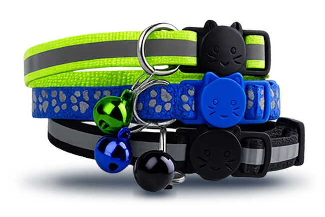 Three reflective cat collars in green, blue and black with cat-face safety buckles and bells